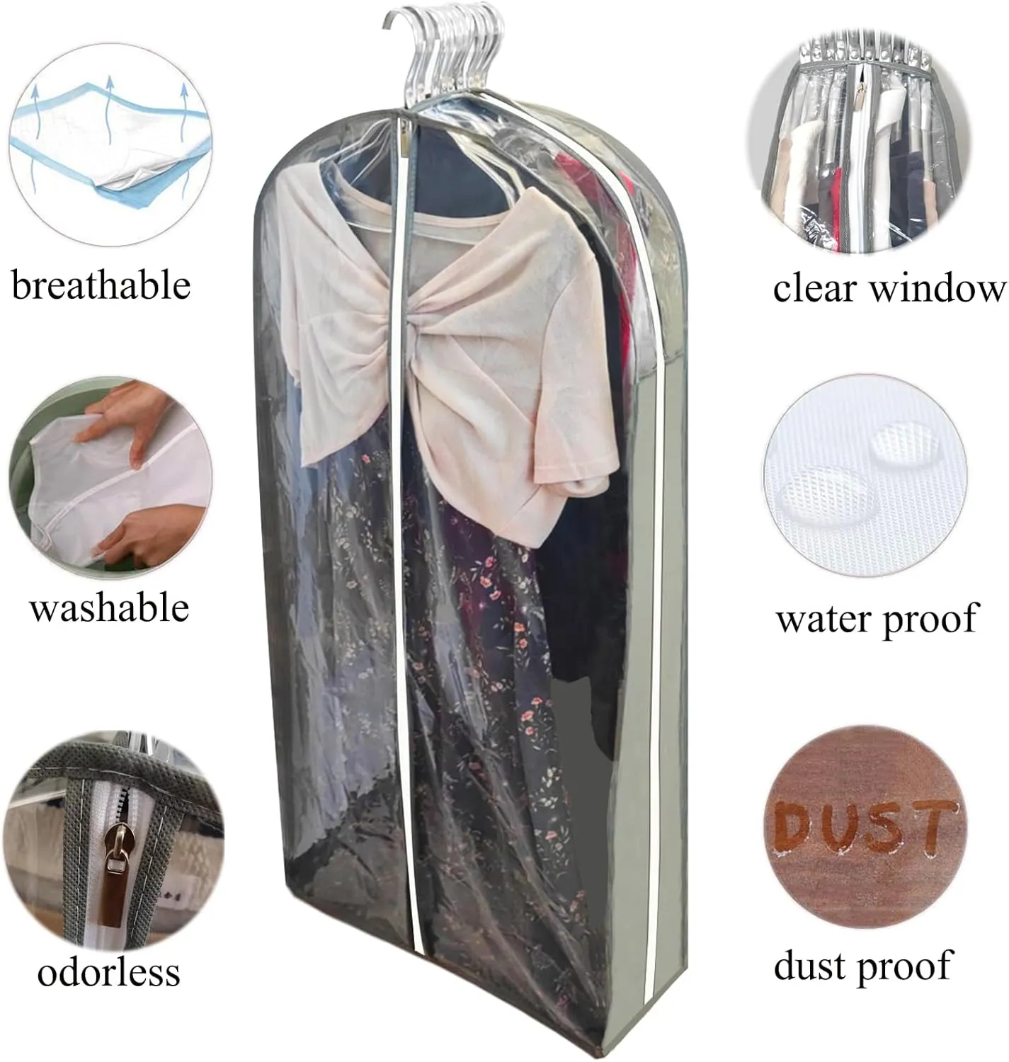 Extra Long Dress Bags for Gowns with 6.3" Gusset, 60" Clear Garment Bags for Hanging Clothes, Dresses Covers and Side Zipper Protector for Storage Clothing, Closet and Travel 3 Packs