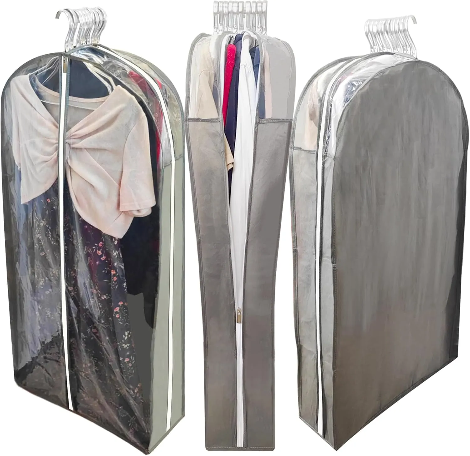 Extra Long Dress Bags for Gowns with 6.3" Gusset, 60" Clear Garment Bags for Hanging Clothes, Dresses Covers and Side Zipper Protector for Storage Clothing, Closet and Travel 3 Packs