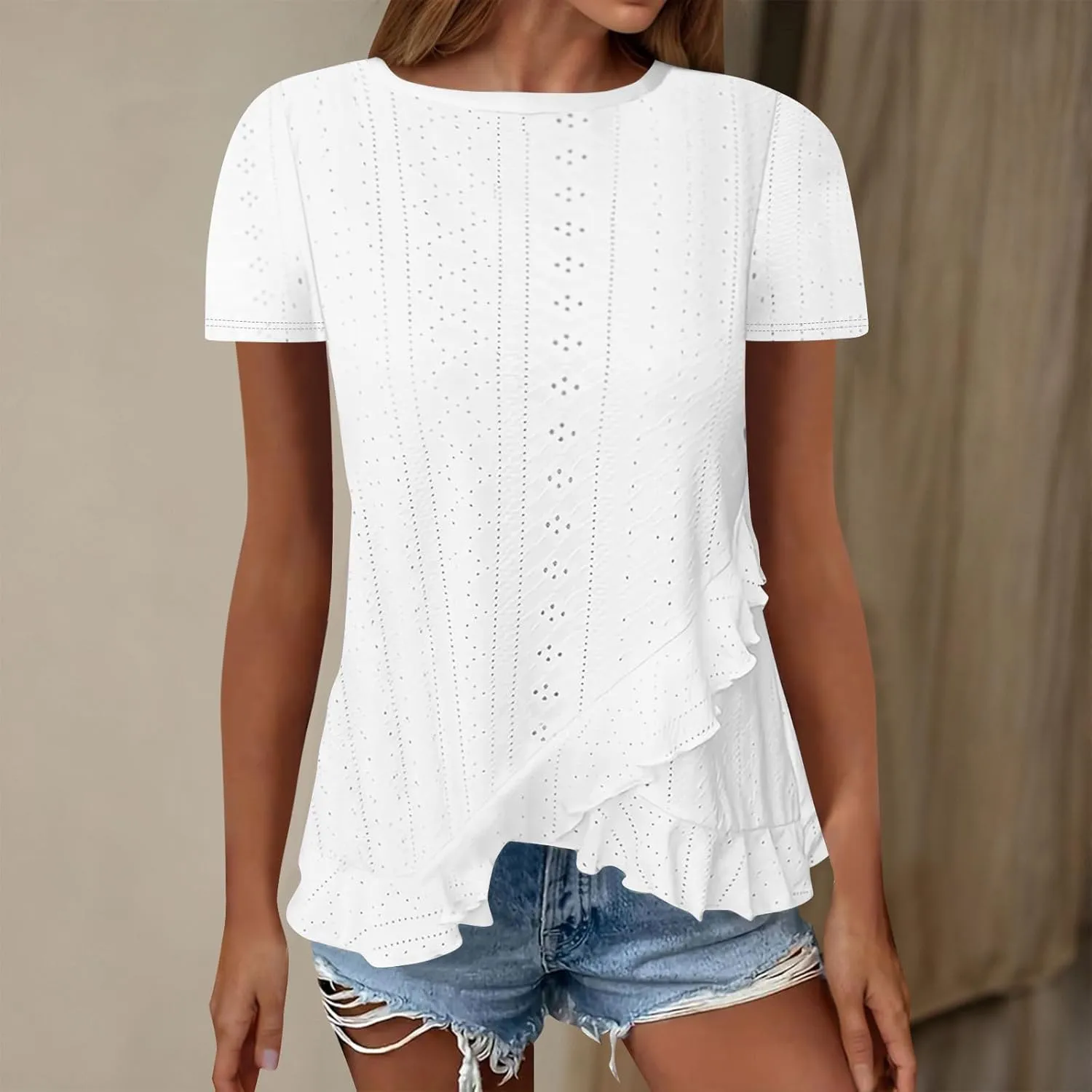 Eyelet Shirts for Women Short Sleeve Casual Solid Color Tops Fashion Loose Crew Neck T-Shirts Summer Clothes