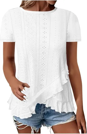 Eyelet Shirts for Women Short Sleeve Casual Solid Color Tops Fashion Loose Crew Neck T-Shirts Summer Clothes