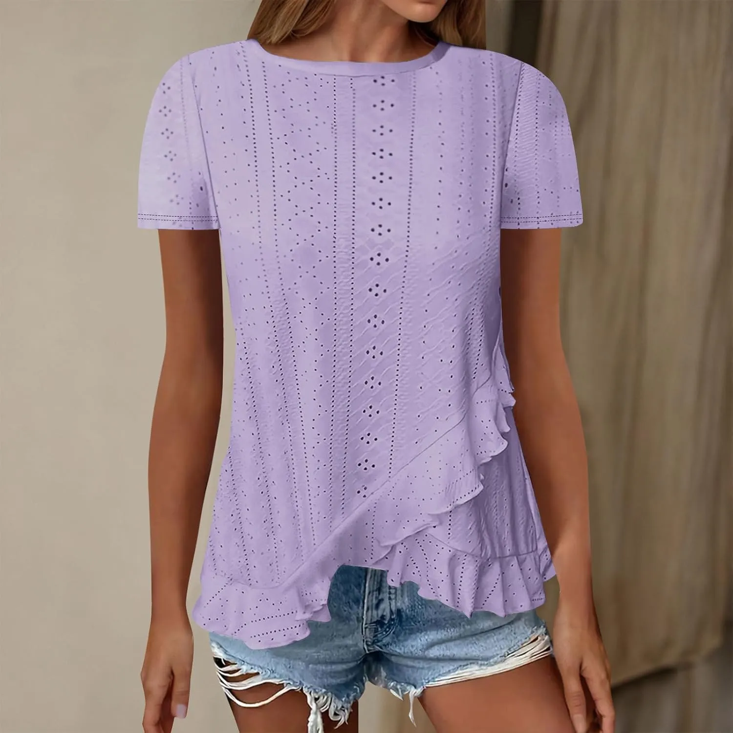 Eyelet Shirts for Women Short Sleeve Casual Solid Color Tops Fashion Loose Crew Neck T-Shirts Summer Clothes