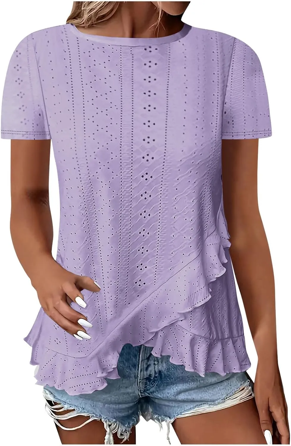 Eyelet Shirts for Women Short Sleeve Casual Solid Color Tops Fashion Loose Crew Neck T-Shirts Summer Clothes