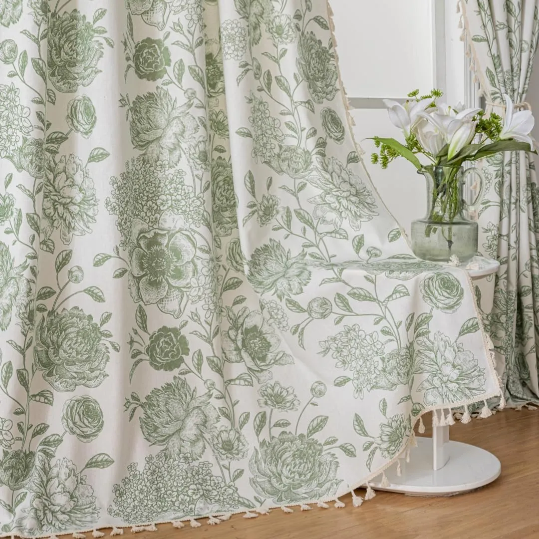 F-CHU Bohemian Curtains for Bedroom 63 Inch Length French Country Floral Drapes Farmhouse Rustic Window Curtain Panels for Bedroom Chic Cotton Linen Blend Toile Curtain，2 Panel Sage Green Curtains