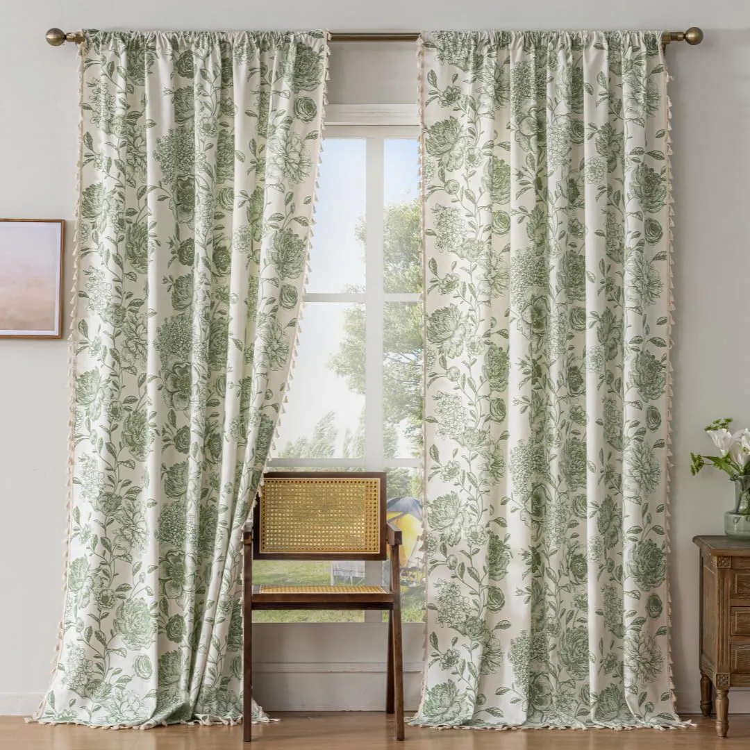 F-CHU Bohemian Curtains for Bedroom 63 Inch Length French Country Floral Drapes Farmhouse Rustic Window Curtain Panels for Bedroom Chic Cotton Linen Blend Toile Curtain，2 Panel Sage Green Curtains