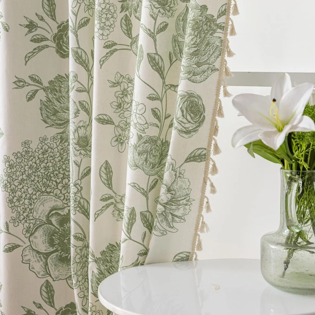 F-CHU Bohemian Curtains for Bedroom 63 Inch Length French Country Floral Drapes Farmhouse Rustic Window Curtain Panels for Bedroom Chic Cotton Linen Blend Toile Curtain，2 Panel Sage Green Curtains