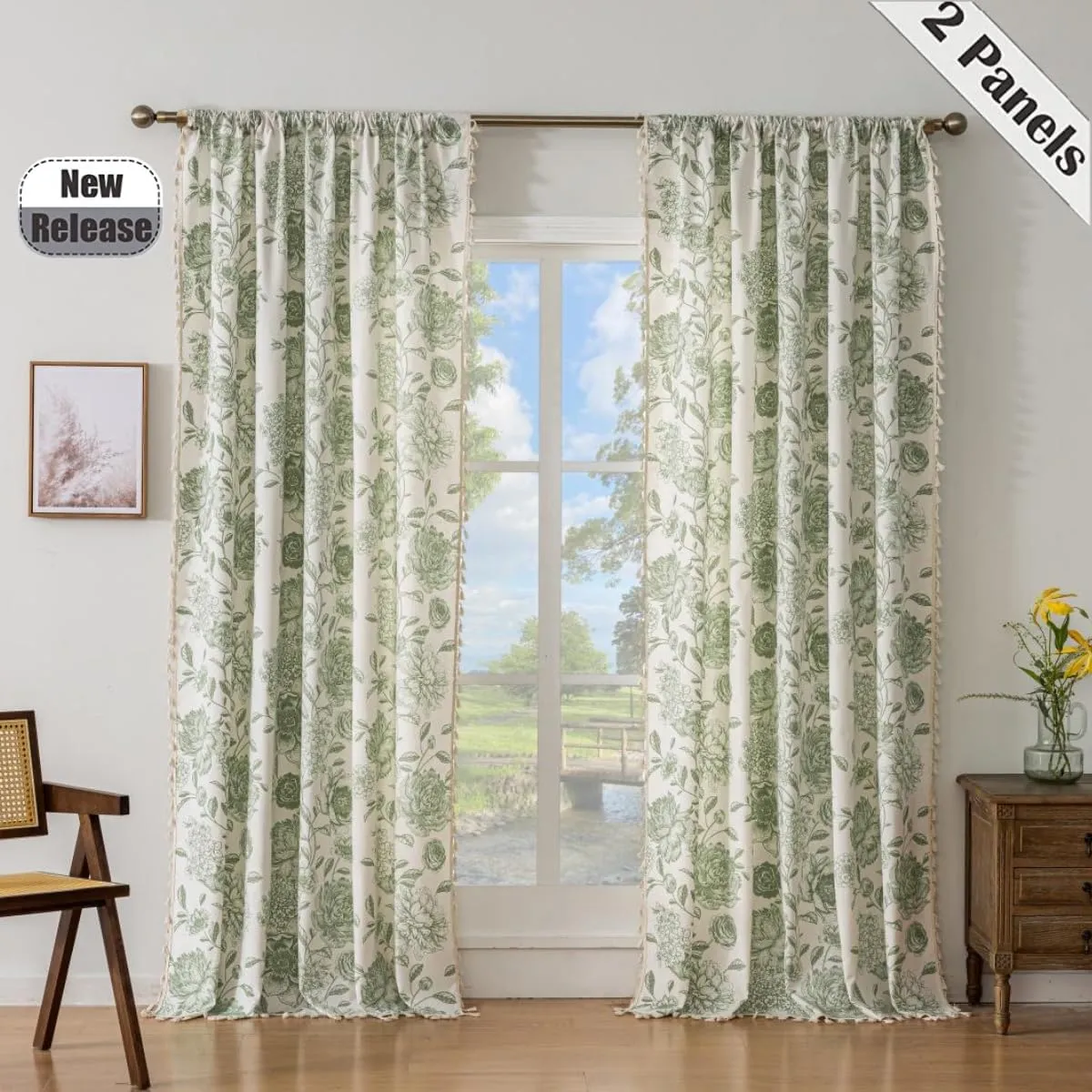F-CHU Bohemian Curtains for Bedroom 63 Inch Length French Country Floral Drapes Farmhouse Rustic Window Curtain Panels for Bedroom Chic Cotton Linen Blend Toile Curtain，2 Panel Sage Green Curtains