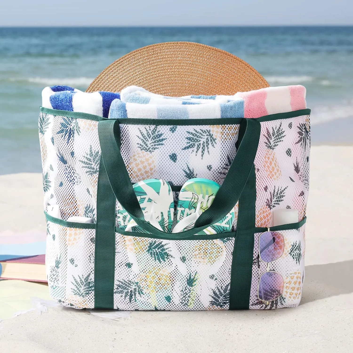 F-color Mesh Beach Bag Family - Beach Tote 9 Pockets Cruise Vacation Essentials