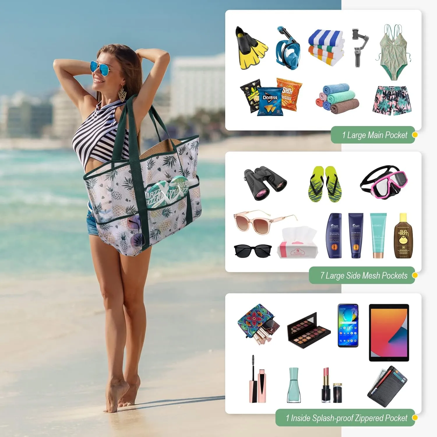 F-color Mesh Beach Bag Family - Beach Tote 9 Pockets Cruise Vacation Essentials
