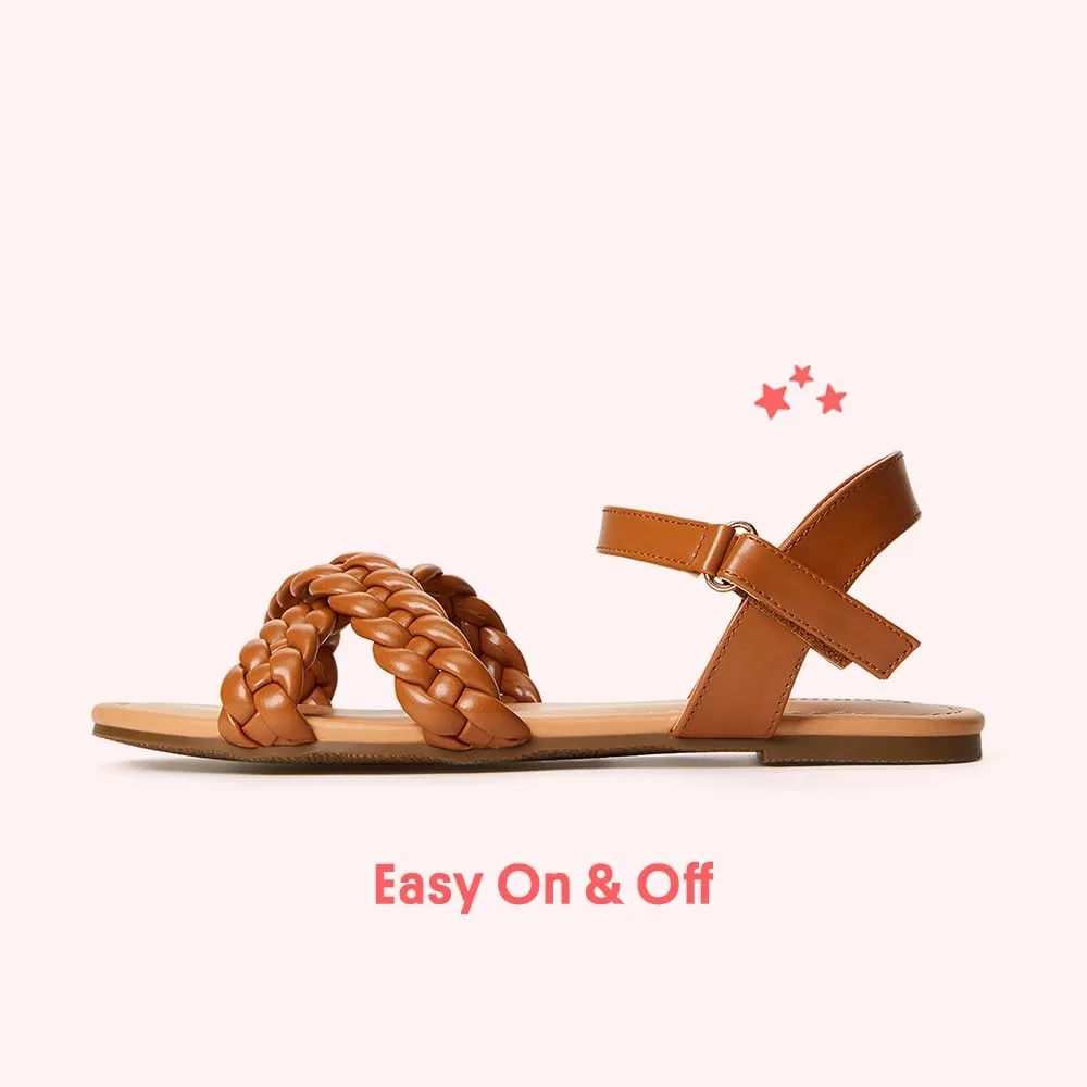 FabKids Girls Braided Open Toe Ankle Strap Flat Lightly Padded Sandals Summer Holiday Party Dress Shoes for Toddler Little Kid Big Kid