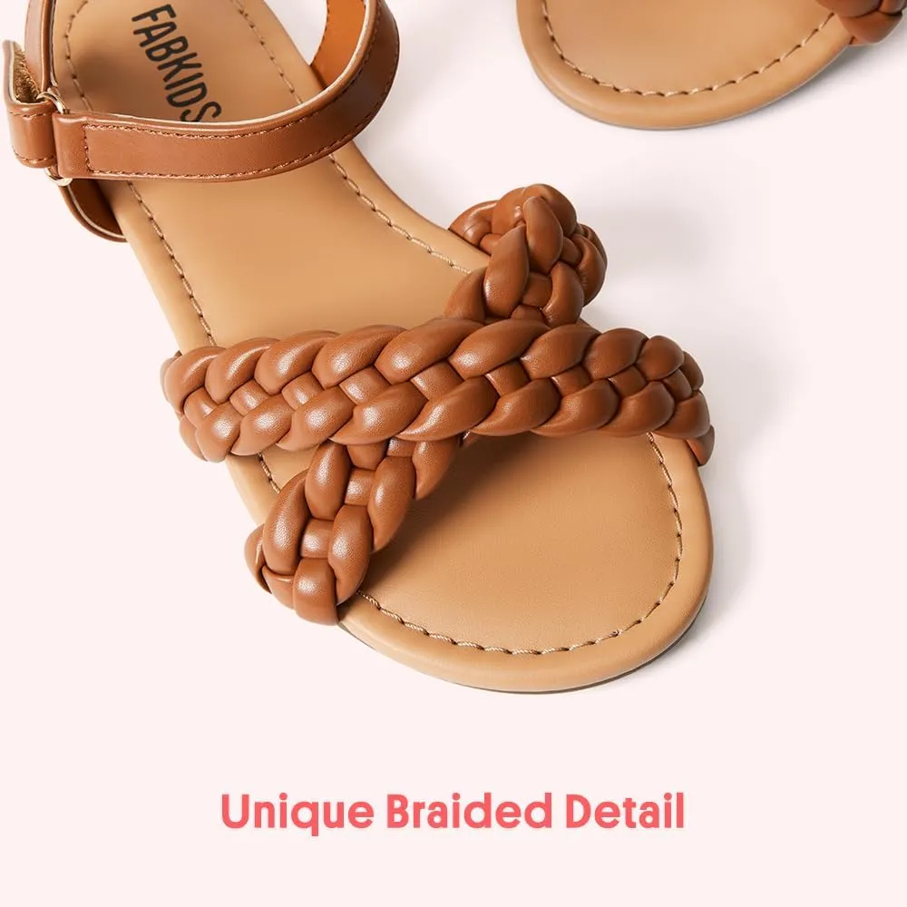 FabKids Girls Braided Open Toe Ankle Strap Flat Lightly Padded Sandals Summer Holiday Party Dress Shoes for Toddler Little Kid Big Kid