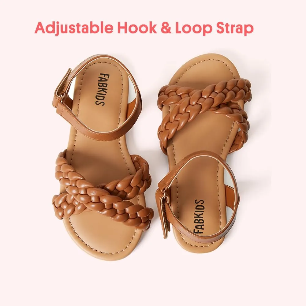 FabKids Girls Braided Open Toe Ankle Strap Flat Lightly Padded Sandals Summer Holiday Party Dress Shoes for Toddler Little Kid Big Kid