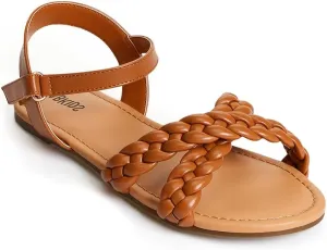 FabKids Girls Braided Open Toe Ankle Strap Flat Lightly Padded Sandals Summer Holiday Party Dress Shoes for Toddler Little Kid Big Kid