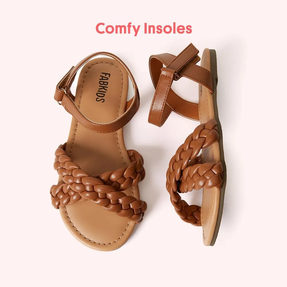 FabKids Girls Braided Open Toe Ankle Strap Flat Lightly Padded Sandals Summer Holiday Party Dress Shoes for Toddler Little Kid Big Kid