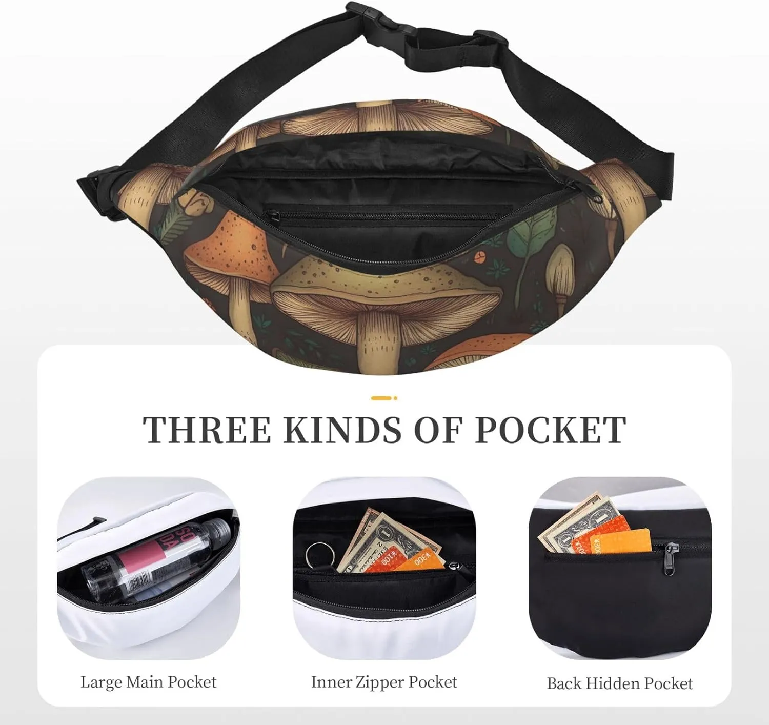 Fanny Pack for Men Women Waist Bag Adjustable Waist Pack Crossbody Belt Bag Mushroom art Bum Bag