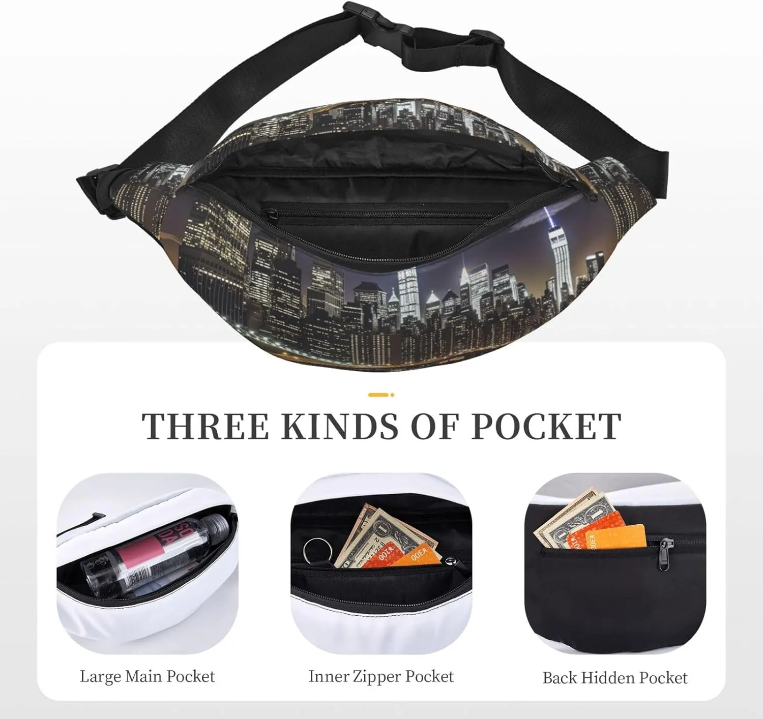 Fanny Pack for Men Women Waist Bag Adjustable Waist Pack Crossbody Belt Bag New York Night Bum Bag