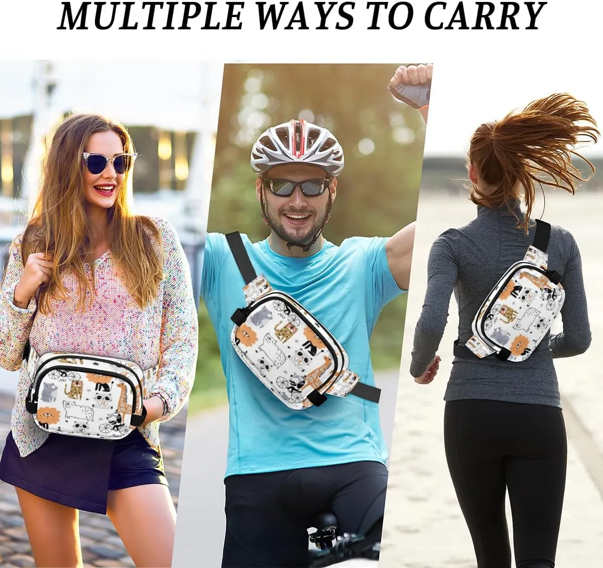 Fanny Pack for Women Men Animal Bike Crossbody Belt Bag with 3 Zipper Pockets Fashion Waterproof Waist Pack with Adjustable Strap for Travel Running Hiking Cycling