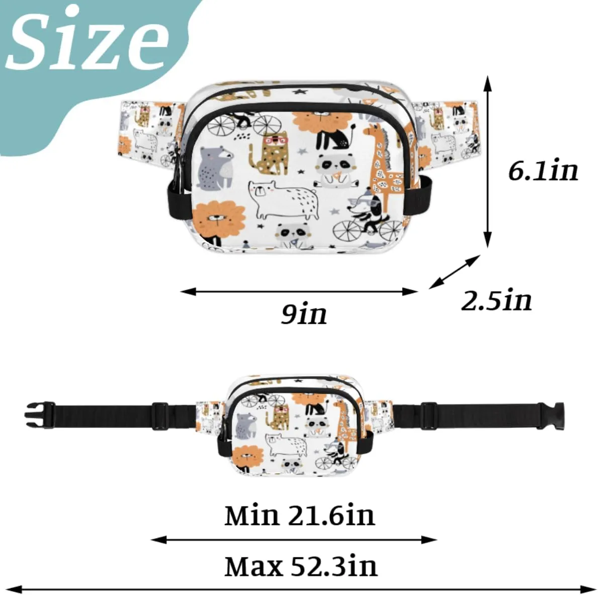 Fanny Pack for Women Men Animal Bike Crossbody Belt Bag with 3 Zipper Pockets Fashion Waterproof Waist Pack with Adjustable Strap for Travel Running Hiking Cycling