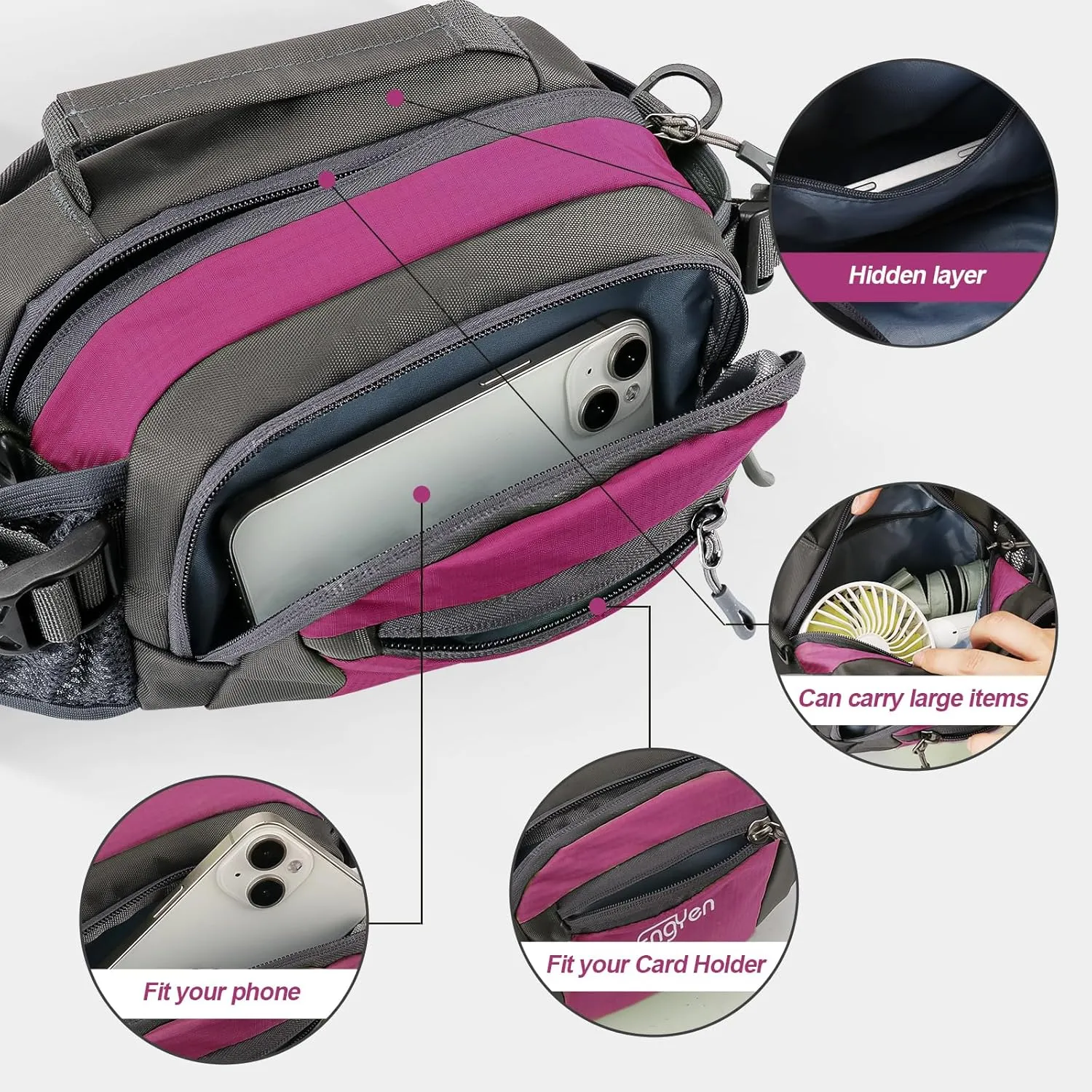 Fanny Pack Waist Bag for Women Men, running packs gear with Phone Water Bottle holder Adjustable belt, for Travel Workout Hiking, carrying iPhone money, multi colors… (rose)