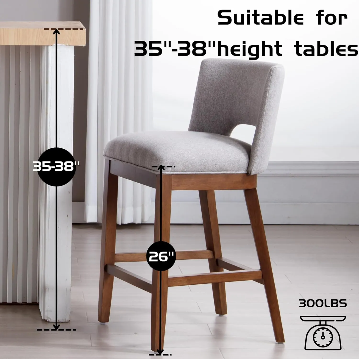 Farmhouse Bar Stools Set of 4, 26" Counter Height Barstools, Linen Upholstered Barstools with Open Back for Kitchen Island/Breakfast Bar/Home Pub, Grey