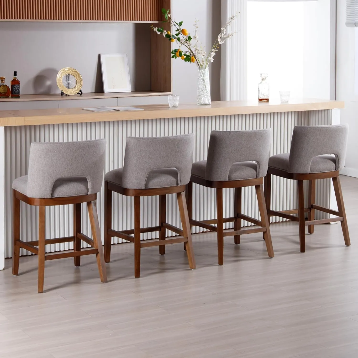 Farmhouse Bar Stools Set of 4, 26" Counter Height Barstools, Linen Upholstered Barstools with Open Back for Kitchen Island/Breakfast Bar/Home Pub, Grey