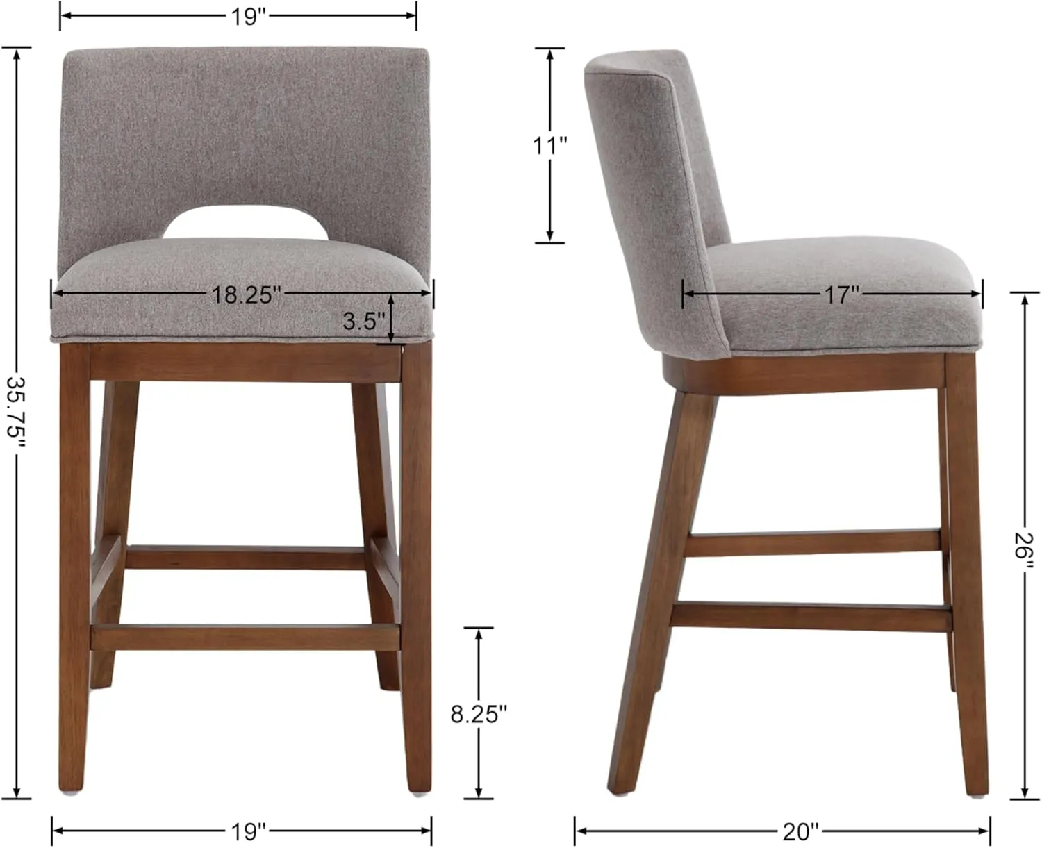 Farmhouse Bar Stools Set of 4, 26" Counter Height Barstools, Linen Upholstered Barstools with Open Back for Kitchen Island/Breakfast Bar/Home Pub, Grey