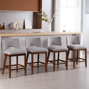 Farmhouse Bar Stools Set of 4, 26" Counter Height Barstools, Linen Upholstered Barstools with Open Back for Kitchen Island/Breakfast Bar/Home Pub, Grey