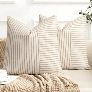 Farmhouse Pillow Covers 24x24, Modern Accent Square Throw Pillow Covers Set of 2, Khaki and Beige Striped Patchwork Linen Decorative Pillows Cushion Covers for Couch Chair Bedroom Fall Decorations