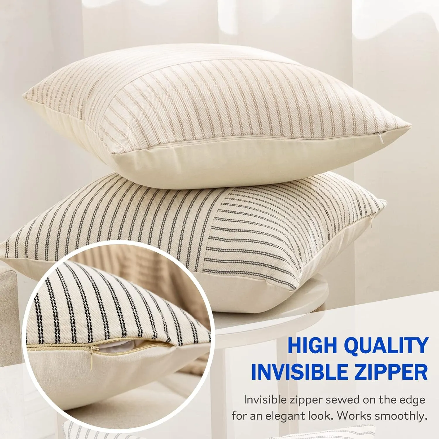 Farmhouse Pillow Covers 24x24, Modern Accent Square Throw Pillow Covers Set of 2, Khaki and Beige Striped Patchwork Linen Decorative Pillows Cushion Covers for Couch Chair Bedroom Fall Decorations