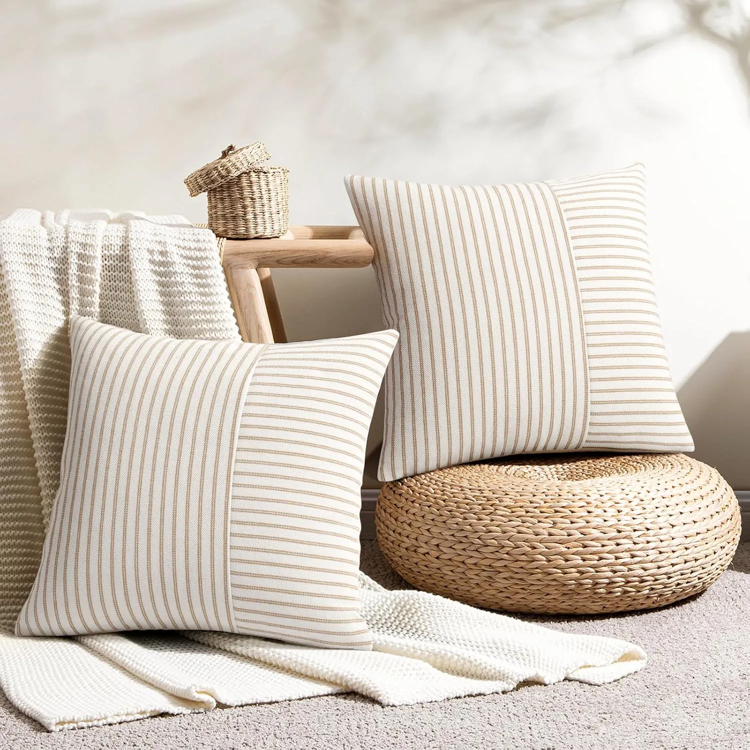 Farmhouse Pillow Covers 24x24, Modern Accent Square Throw Pillow Covers Set of 2, Khaki and Beige Striped Patchwork Linen Decorative Pillows Cushion Covers for Couch Chair Bedroom Fall Decorations