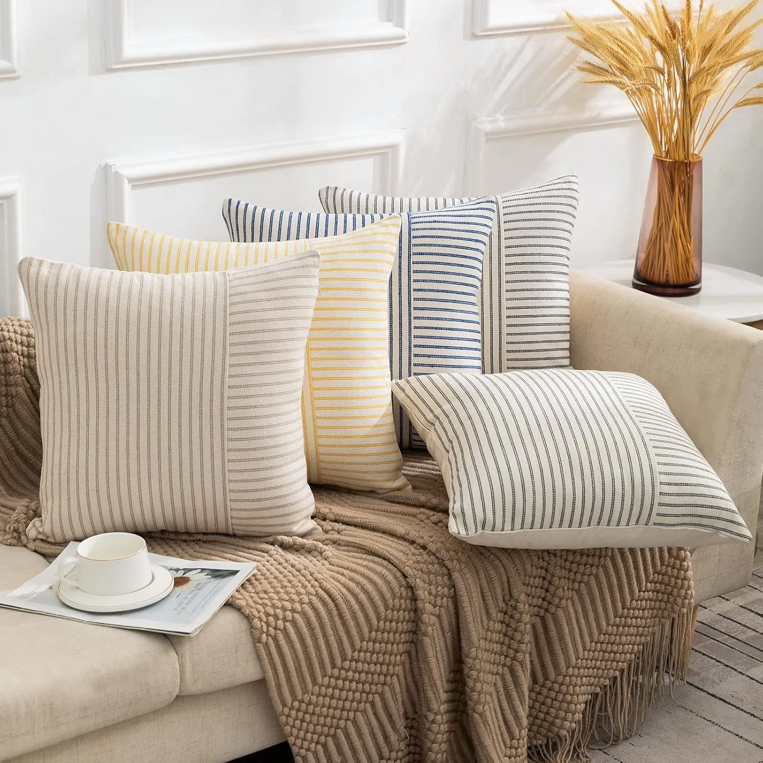 Farmhouse Pillow Covers 24x24, Modern Accent Square Throw Pillow Covers Set of 2, Khaki and Beige Striped Patchwork Linen Decorative Pillows Cushion Covers for Couch Chair Bedroom Fall Decorations