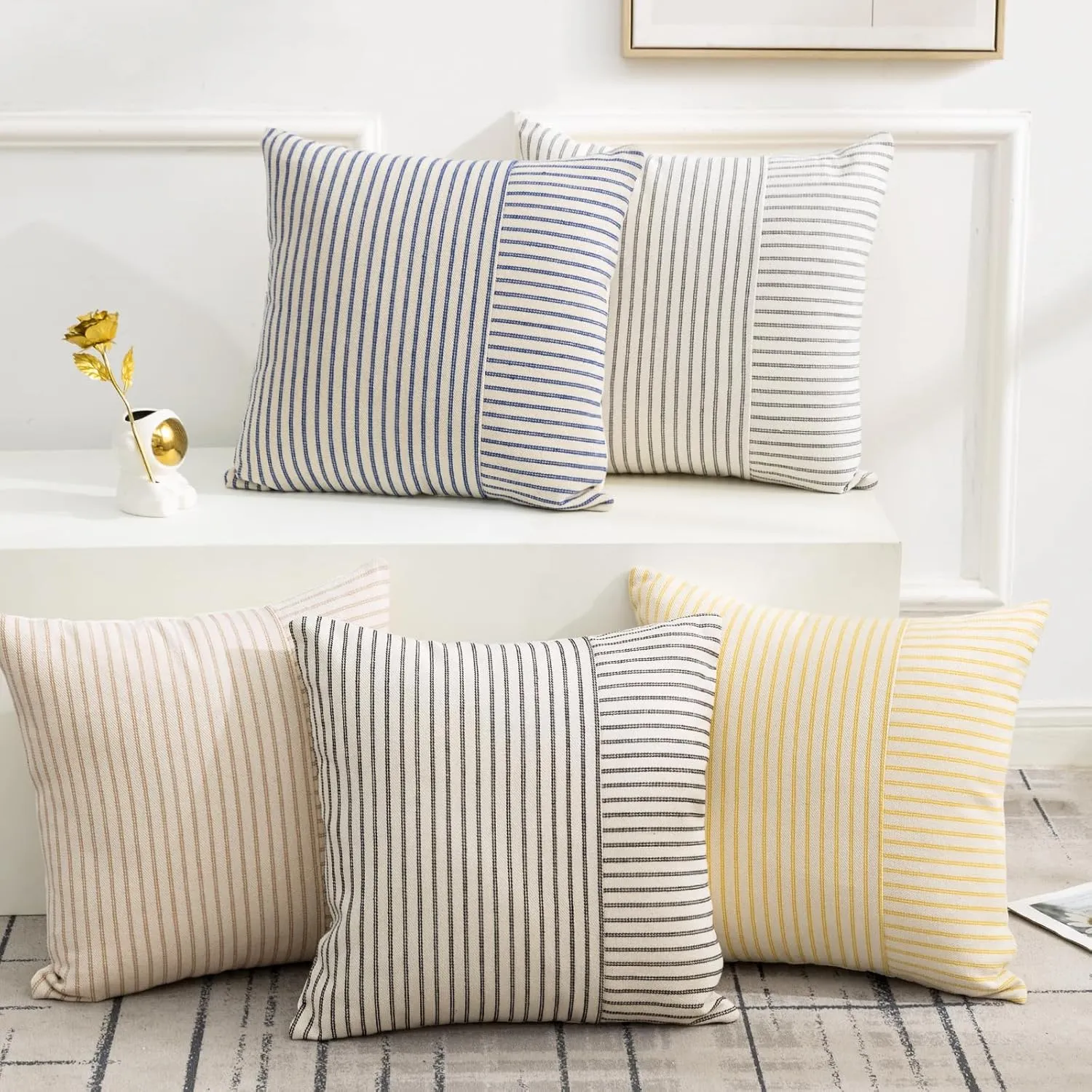 Farmhouse Pillow Covers 24x24, Modern Accent Square Throw Pillow Covers Set of 2, Khaki and Beige Striped Patchwork Linen Decorative Pillows Cushion Covers for Couch Chair Bedroom Fall Decorations