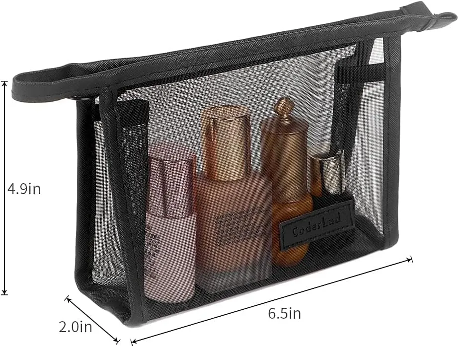 fashion portable cosmetic bag,Visible large capacity Nylon storage bag, for Business Travel bath, Unisex (black 3pcs set) (whole mesh triangle zippered cosmetic bag)