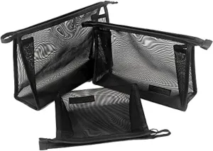 fashion portable cosmetic bag,Visible large capacity Nylon storage bag, for Business Travel bath, Unisex (black 3pcs set) (whole mesh triangle zippered cosmetic bag)