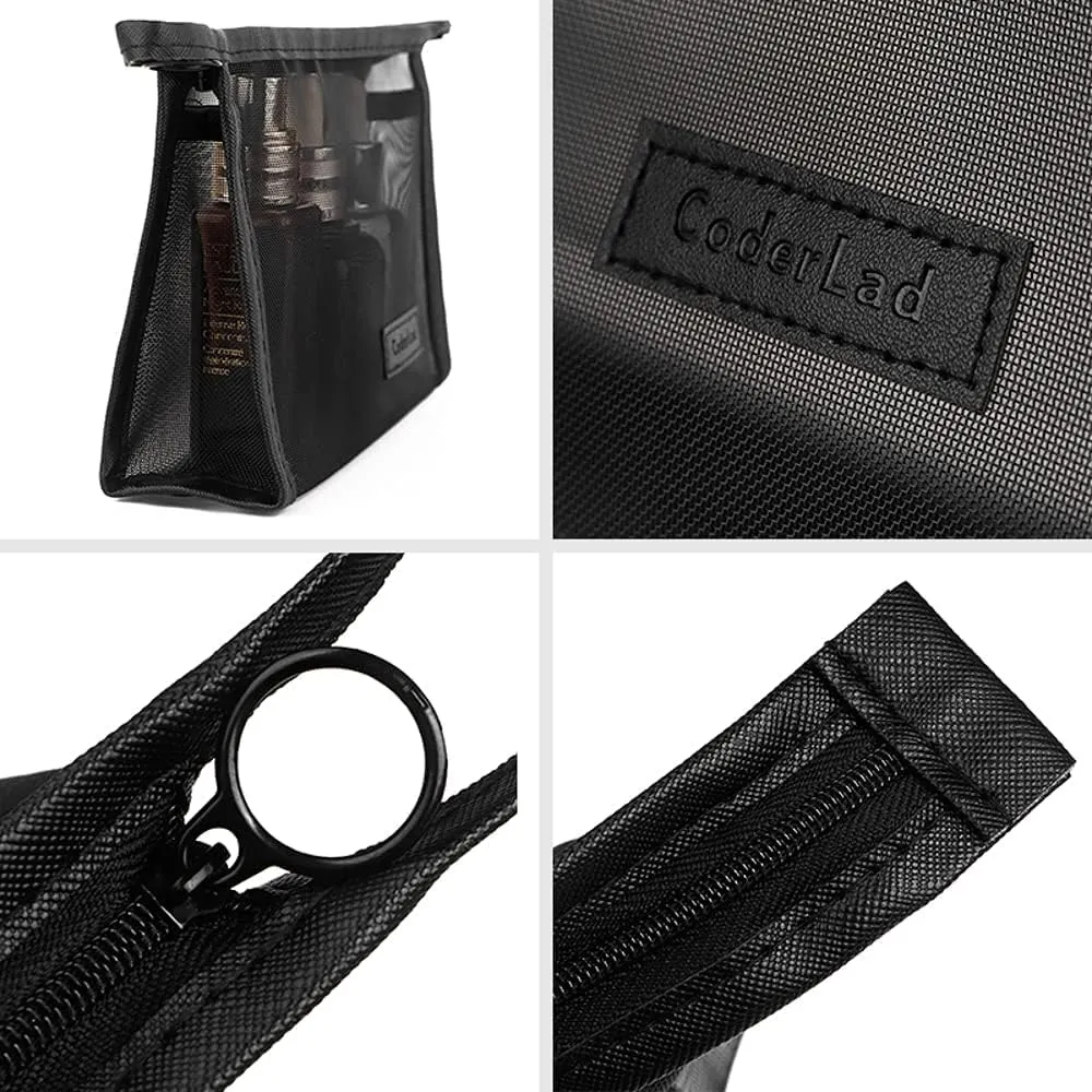 fashion portable cosmetic bag,Visible large capacity Nylon storage bag, for Business Travel bath, Unisex (black 3pcs set) (whole mesh triangle zippered cosmetic bag)
