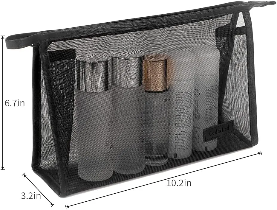 fashion portable cosmetic bag,Visible large capacity Nylon storage bag, for Business Travel bath, Unisex (black 3pcs set) (whole mesh triangle zippered cosmetic bag)