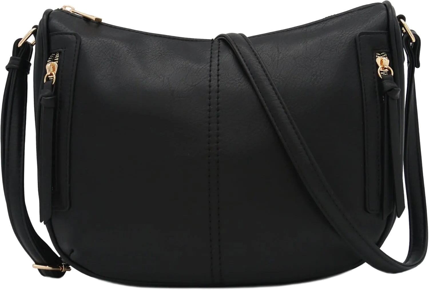 FashionPuzzle Faux Leather Two Front Zipper Pocket Crossbody Saddle Bag (Black-A)