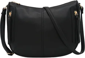 FashionPuzzle Faux Leather Two Front Zipper Pocket Crossbody Saddle Bag (Black-A)