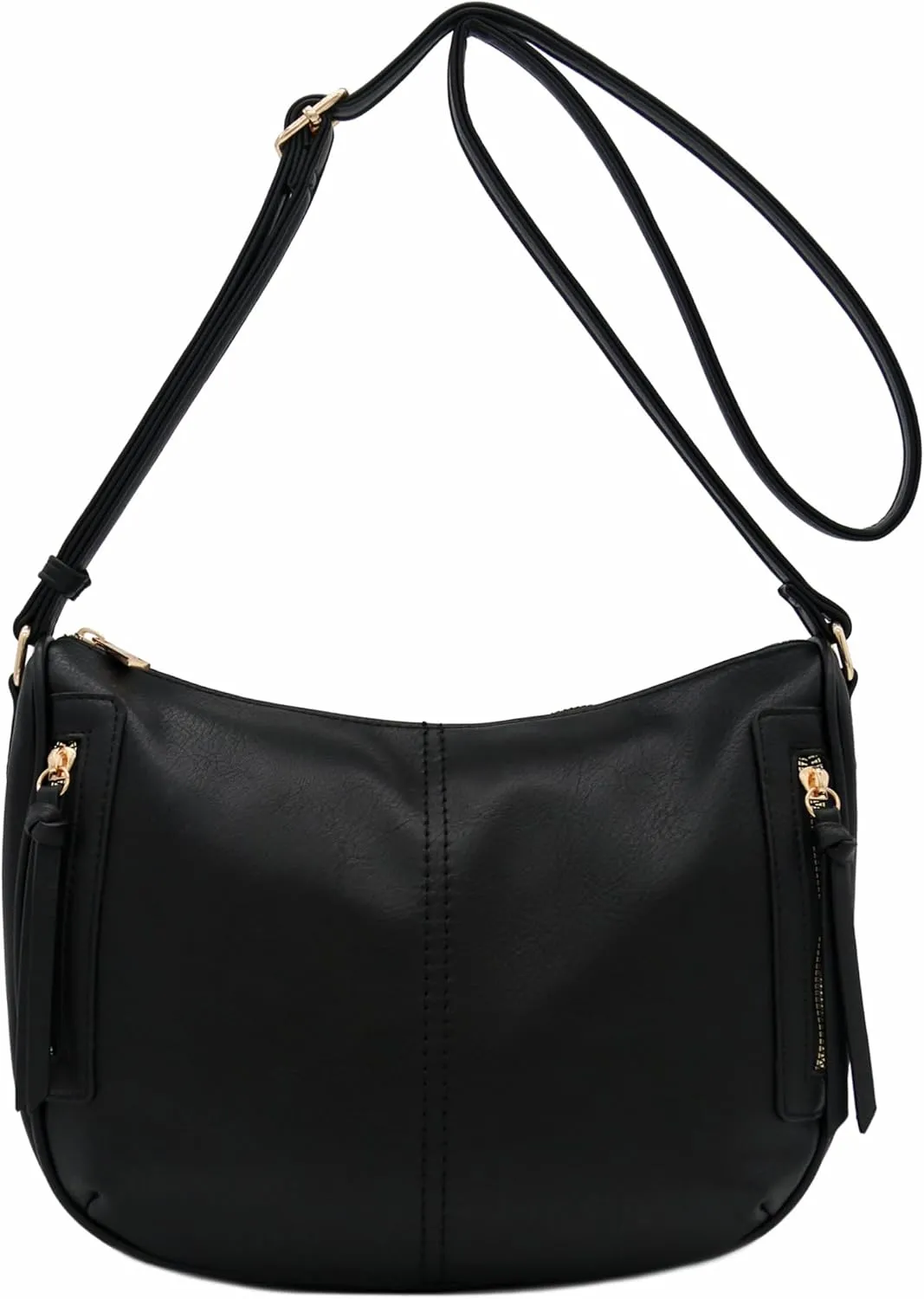 FashionPuzzle Faux Leather Two Front Zipper Pocket Crossbody Saddle Bag (Black-A)