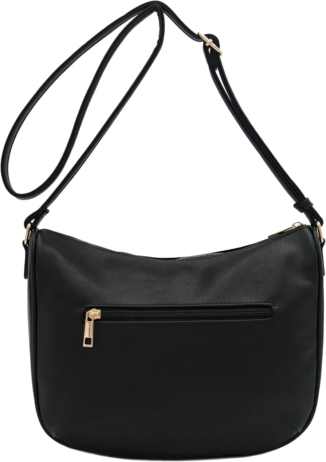 FashionPuzzle Faux Leather Two Front Zipper Pocket Crossbody Saddle Bag (Black-A)