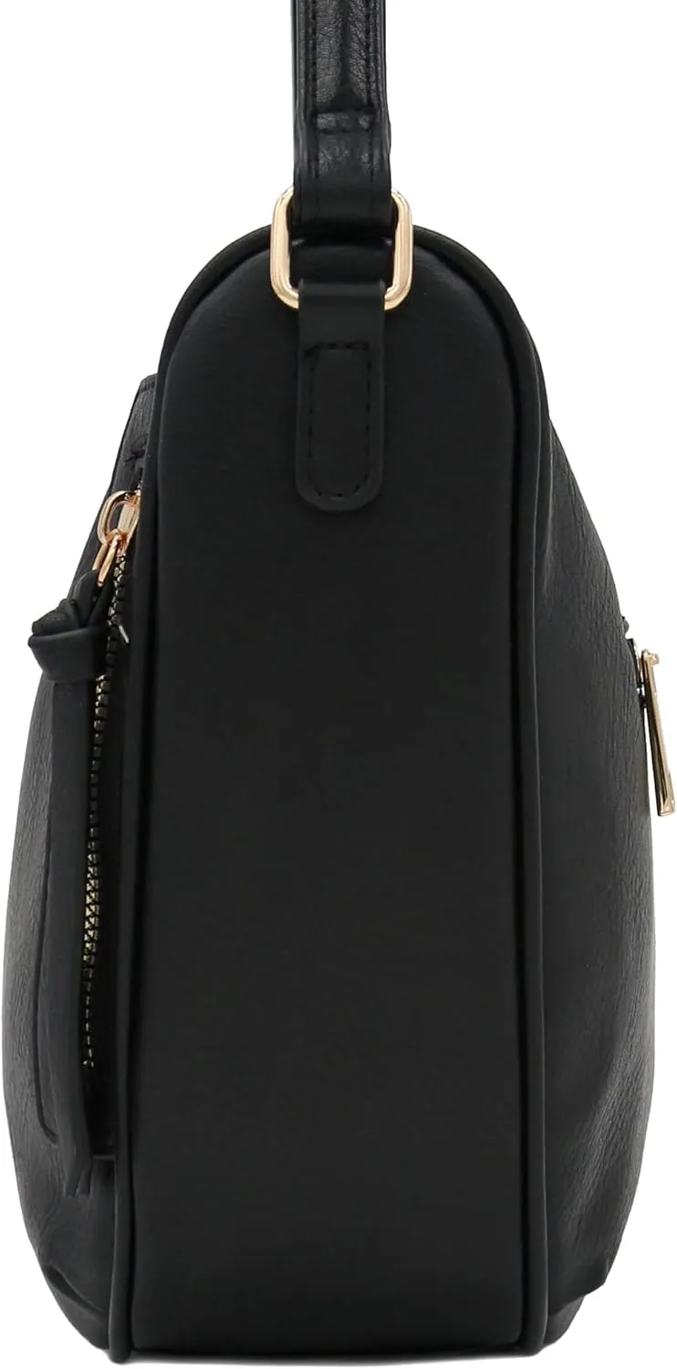 FashionPuzzle Faux Leather Two Front Zipper Pocket Crossbody Saddle Bag (Black-A)
