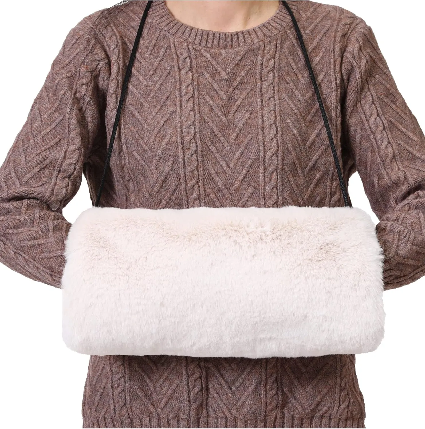 Faux Fur Hand Muffs for Women Winter Warm Arm and Hand Warmer with PU Leather Strap Include Pockets