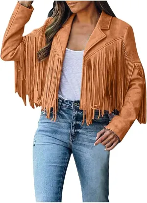 Faux Suede Leather Fringe Jacket for Women 70s Hippie Cardigans Trendy Motorcycle Tassels Long Sleeve Coats