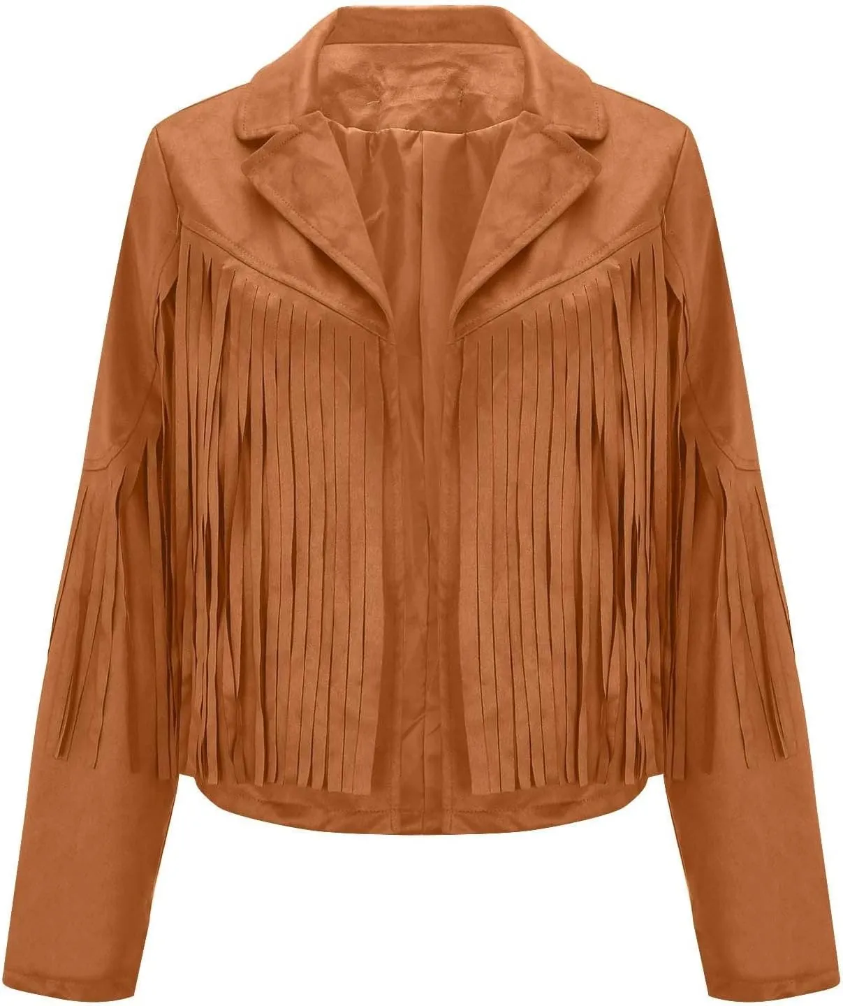 Faux Suede Leather Fringe Jacket for Women 70s Hippie Cardigans Trendy Motorcycle Tassels Long Sleeve Coats