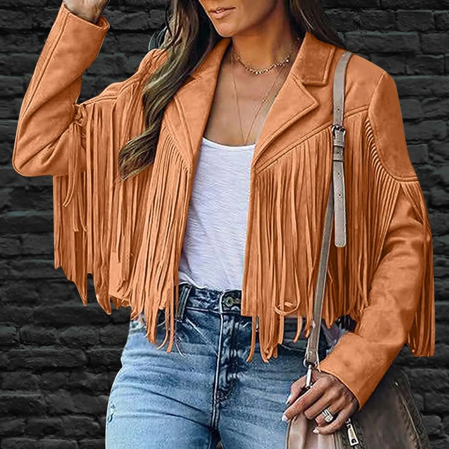 Faux Suede Leather Fringe Jacket for Women 70s Hippie Cardigans Trendy Motorcycle Tassels Long Sleeve Coats