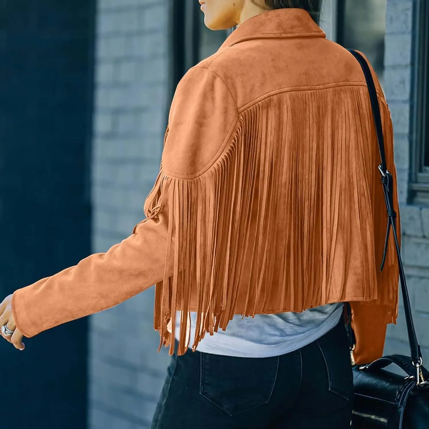 Faux Suede Leather Fringe Jacket for Women 70s Hippie Cardigans Trendy Motorcycle Tassels Long Sleeve Coats
