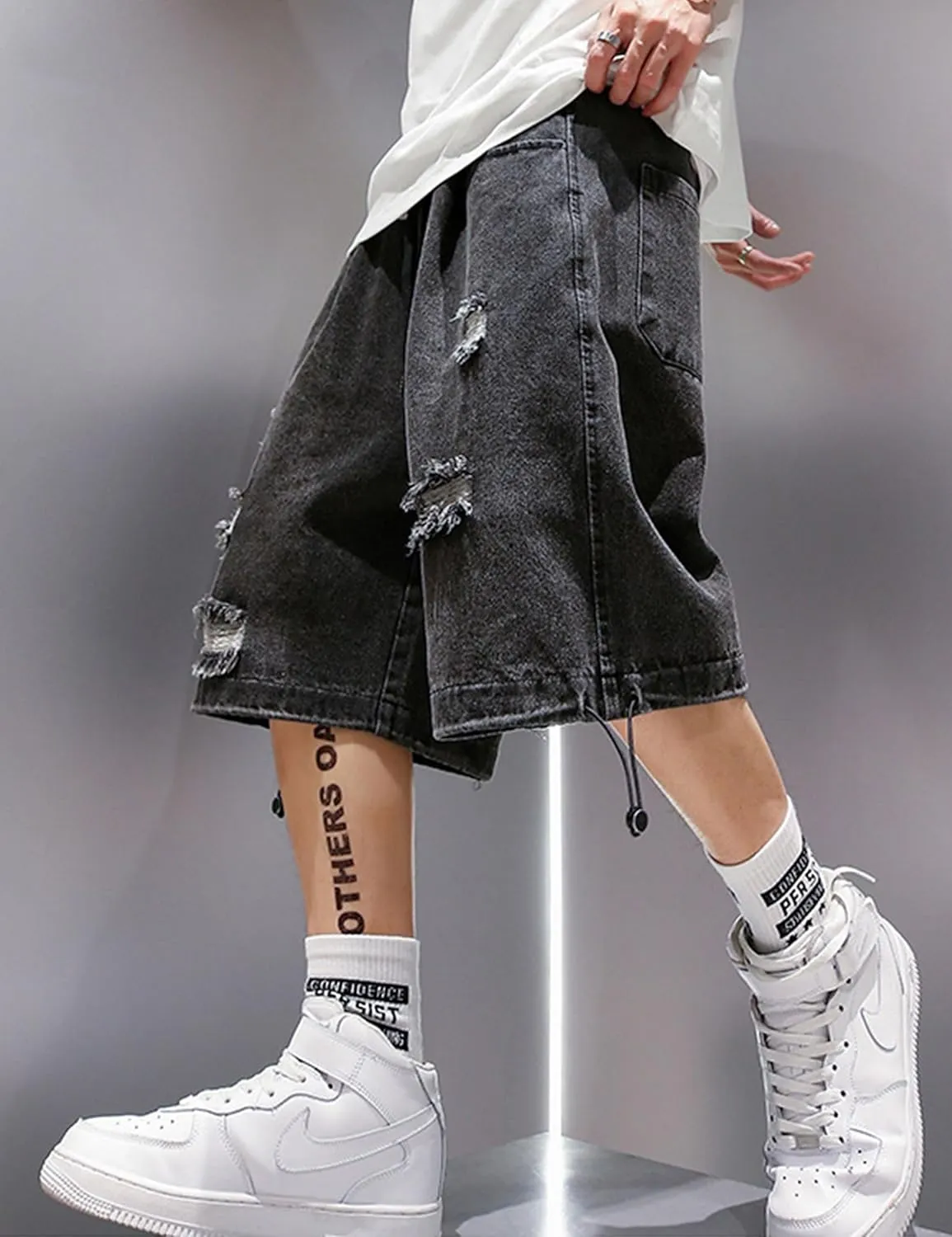 FCOOLYEET Mens Y2k Baggy Shorts Jorts Grunge Ripped Demin Shorts Loose Fit Aesthetic Jeans Shorts