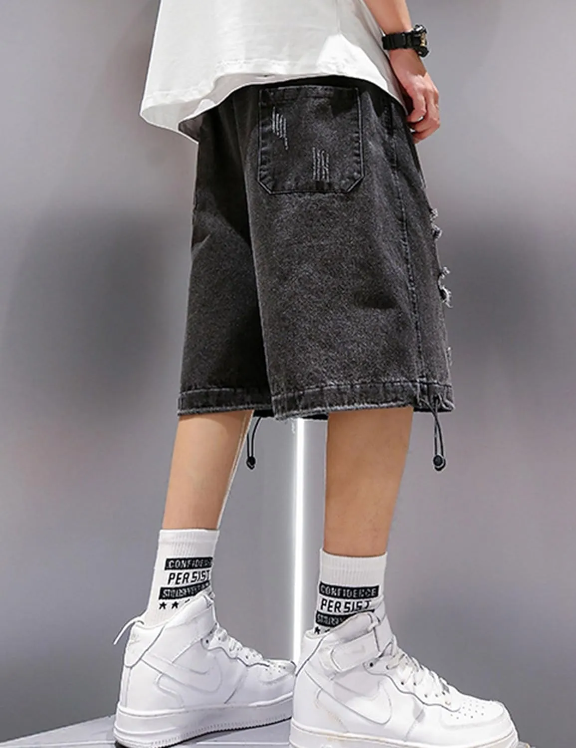 FCOOLYEET Mens Y2k Baggy Shorts Jorts Grunge Ripped Demin Shorts Loose Fit Aesthetic Jeans Shorts