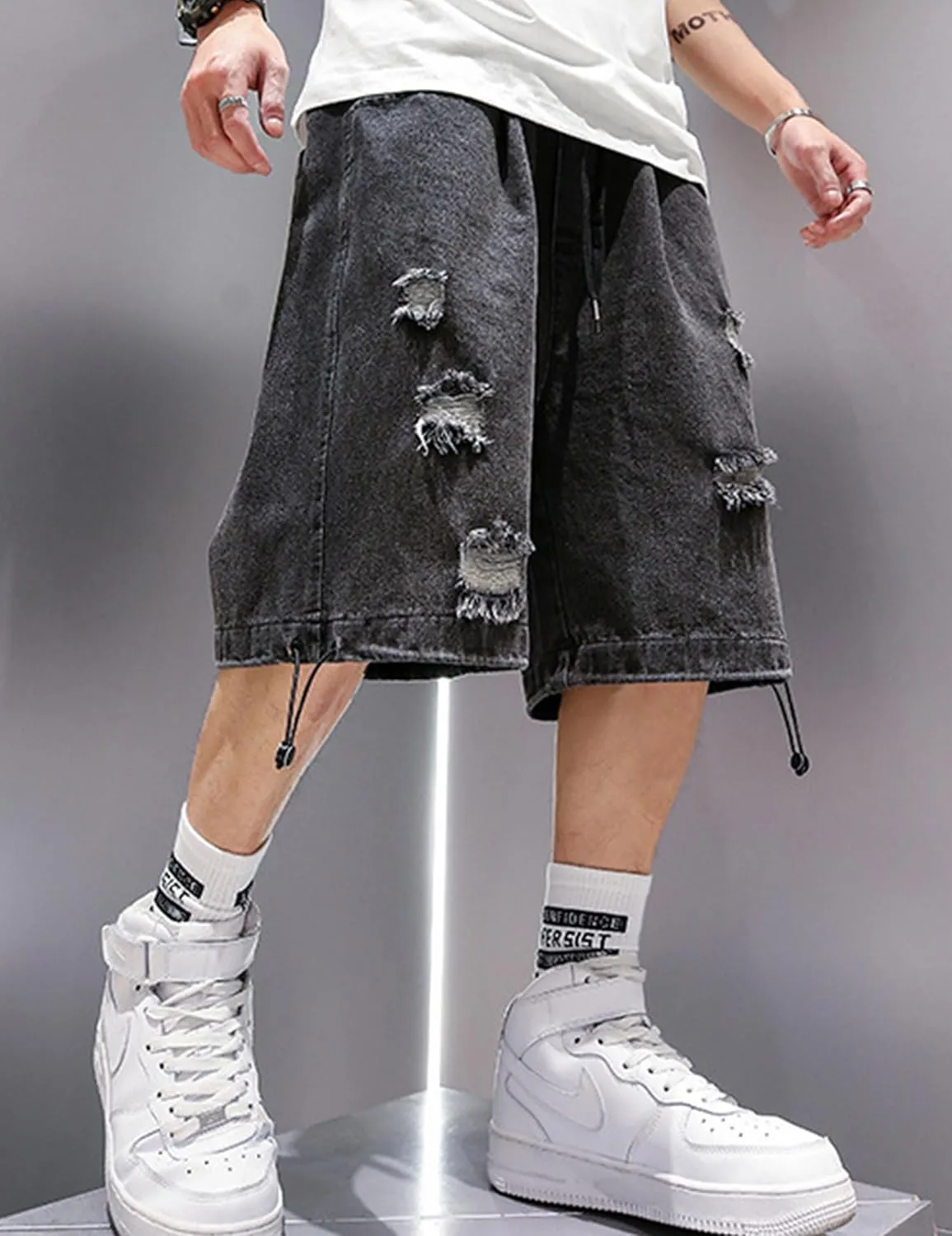 FCOOLYEET Mens Y2k Baggy Shorts Jorts Grunge Ripped Demin Shorts Loose Fit Aesthetic Jeans Shorts