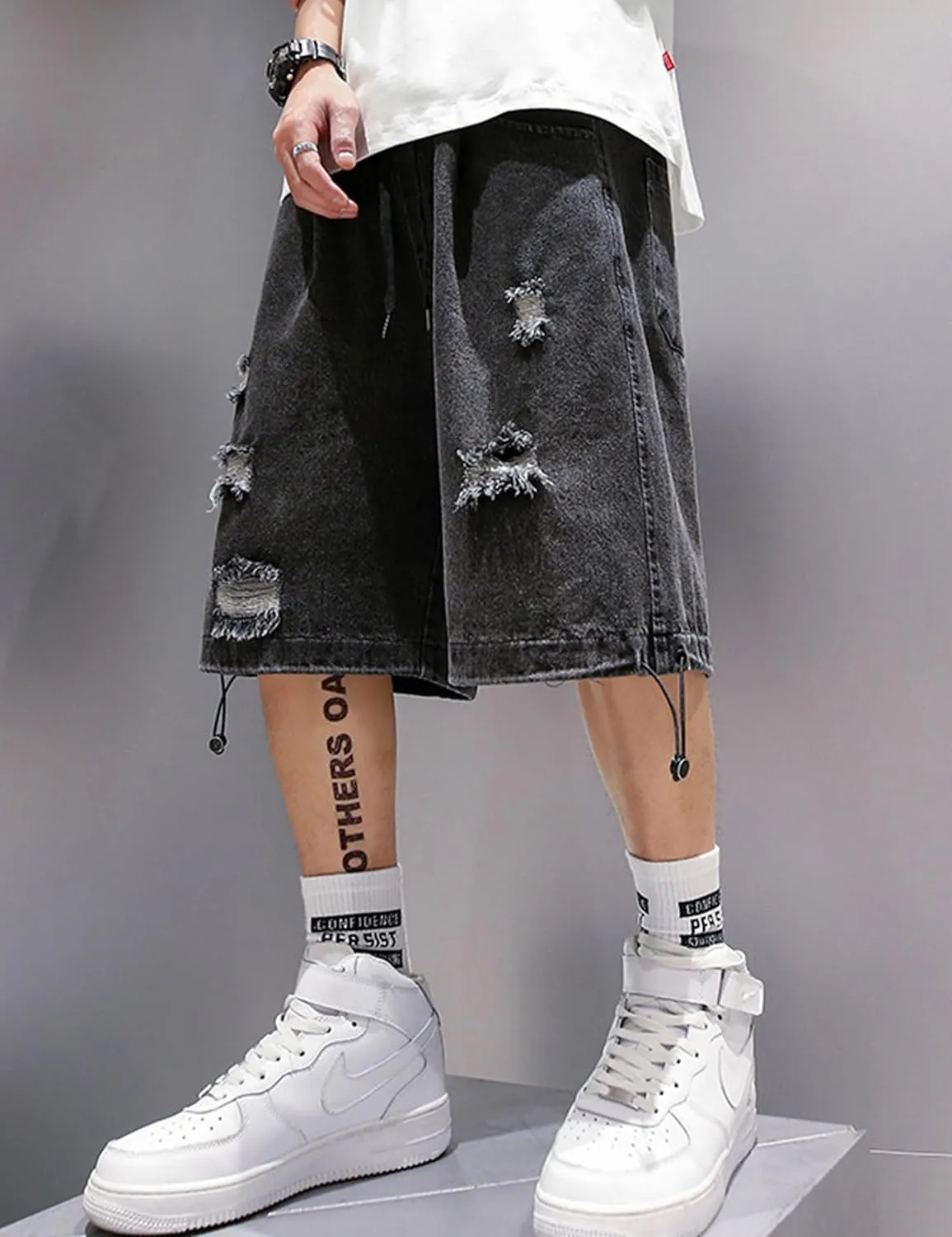 FCOOLYEET Mens Y2k Baggy Shorts Jorts Grunge Ripped Demin Shorts Loose Fit Aesthetic Jeans Shorts
