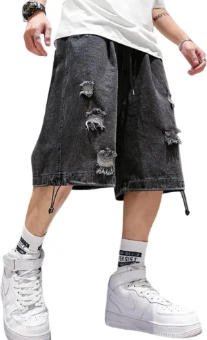 FCOOLYEET Mens Y2k Baggy Shorts Jorts Grunge Ripped Demin Shorts Loose Fit Aesthetic Jeans Shorts